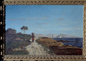 Rond Marseille in 1866: zeegezicht met vrouw die een mand op haar hoofd draagt en op een weg loopt. Schilderij door Paul Camille Guigou (1834-1871). 1866. Curieus. Perigord Museum door Paul Camille Guigou