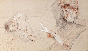 Madame Helleu lezend, met Paulette liggend naast haar op een sofa door Paul Cesar Helleu