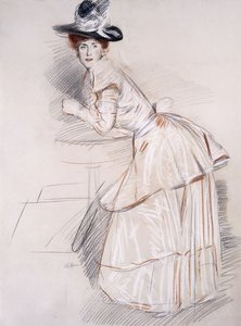 Portret van Madame Helleu leunend op een tafel