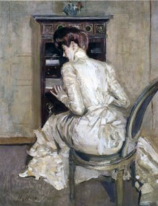 De vrouw van de kunstenaar aan haar secretaire, c.1900 door Paul Cesar Helleu