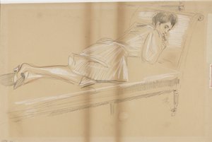 Vrouw voorover liggend op rustbank door Paul Cesar Helleu