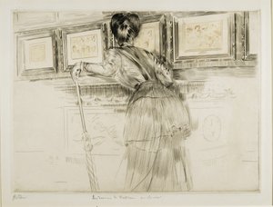 Vrouw kijkt naar Watteau-tekeningen in het Louvre, c. 1895 door Paul Cesar Helleu