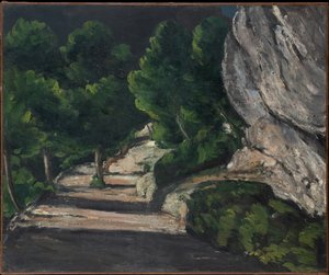 Landschap. Weg met bomen in rotsachtige bergen door Paul Cézanne