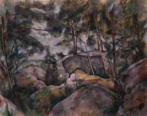 Rotsen in het bos door Paul Cézanne