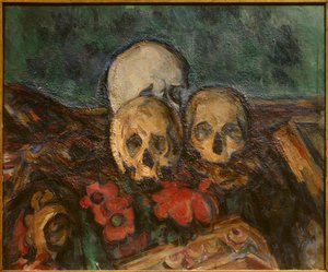 Drie schedels op een oosters tapijt door Paul Cézanne