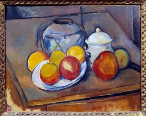 Vaas stro, suikerpot en appels door Paul Cézanne