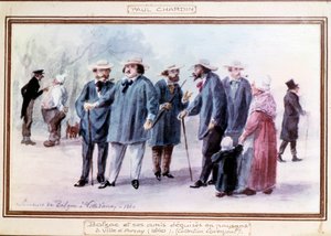 De Franse schrijver Honore de Balzac (1799-1850) en zijn vrienden verkleed als boeren in de stad Avray in 1840 door Paul Chardin