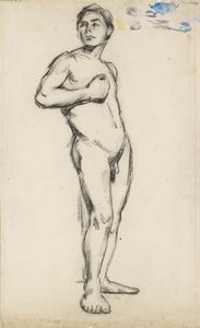Academische studie van een mannelijke naakt met zijn rechterhand geklemd over zijn borst, 1865