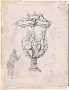 Figurenstudies Rond een Gravure van een Sierlijke Vaas