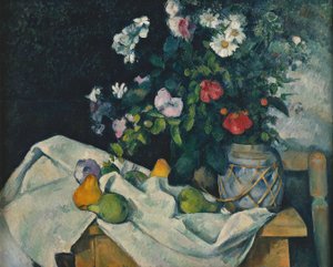 Bloemen in een Gemberpot en Fruit door Paul Cézanne