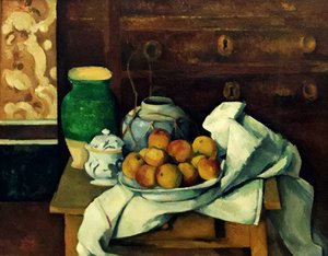 Frans:  Nature morte à la commode Stilleven met commode door Paul Cézanne