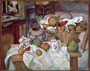 Keukentafel of stilleven met mand door Paul Cézanne