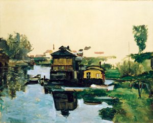 Drijvende huizen op een rivier door Paul Cézanne