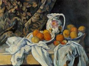 Stilleven met gordijn en bloeiende kan door Paul Cézanne