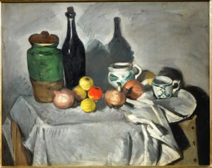 Stilleven (fruit en servies) door Paul Cézanne
