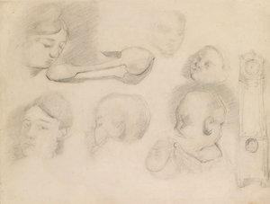 Studies van een kinderhoofd, een vrouwenhoofd, een lepel en een staande klok, c1872