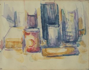 Keukentafel: potten en flessen door Paul Cézanne
