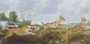Een jachtscène: honden achtervolgen twee faunen