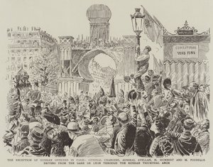 De Ontvangst van Russische Officieren in Parijs, Generaal Chanoine, Admiraal Avellan, M Humbert en M Poubelle rijden van het Gare de Lyon door de Russische Triomfboog door Paul Destez