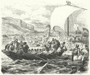 Fenicische schepen landen aan een kust door Paul Dominique Philippoteaux