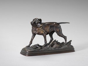 Pointer die over een fazant staat door Paul Edouard Delabrière