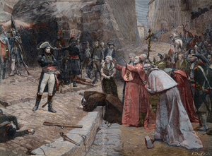 Het beleg van Pavia naar het schilderij van Boutigny - Eerste coalitie: opstand van de bevolking van Pavia (Italië) tegen de Franse troepen van Napoleon op 23 en 24 april 1796 tijdens de eerste Italiaanse campagne (1796-1797) naar het schilderij van Paul-E