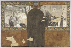 Schets voor het kantoor van de prefect van het Hôtel de Ville de Paris: Le bombardement de Paris - La queue devant une boucherie municipale door Paul Emile Mangeant