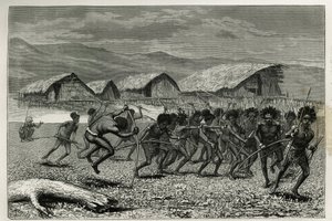 Afdaling van de Papoea Arfaks krijgers in Dorey (Nieuw West-Guinee), gravure door E.Mesples, ter illustratie van de reis naar Nieuw-Guinee door Achille Raffray, belast met een wetenschappelijke missie door het Ministerie van Openbaar Onderwijs, 1876-1877, 