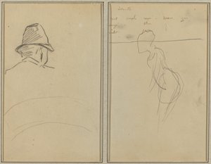 Een Hoofd van een Man met Hoed, Gezien van Achteren; Een Staande Vrouw [recto] door Paul Gauguin