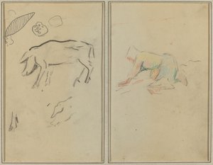 Een varken; Bretonse boer knielend [verso] door Paul Gauguin