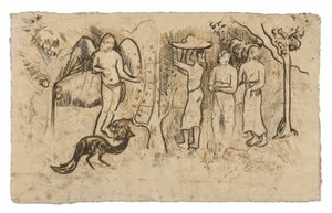Engel, pauw en drie tahitianen door Paul Gauguin