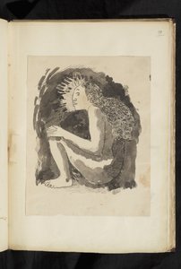 Voor en na - tekening van een naakte inheemse vrouw zittend, in profiel, haar knieën opgetrokken door Paul Gauguin