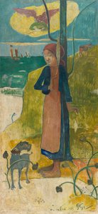 Bretonisches Mädchen beim Spinnen door Paul Gauguin