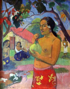 Eu haere ia oe Vrouw die een Fruit Vasthoudt. Waar Ga Je Heen door Paul Gauguin