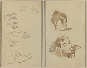 Vijf schapen; hoofd van een vrouw en hoofd van een bebaarde man (recto) door Paul Gauguin