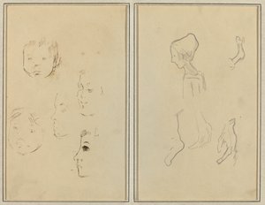 Vijf Studies van Hoofden; Een Jongen in Profiel met Studies van Handen en Voeten (verso) door Paul Gauguin