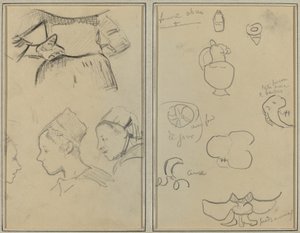 Vier studies van Bretonse vrouwen; vormen en vazen [verso] door Paul Gauguin