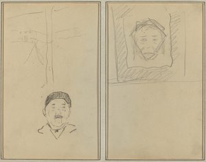 Landschap en Hoofd van een Man; Hoofd van een Aap Binnen een Vierkant [recto] door Paul Gauguin