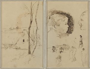Landschap met een Huisje; Profiel van Jongen, Profiel van Man, Twee Vrouwen in een Landschap, en Vijf Andere Studies [verso] door Paul Gauguin