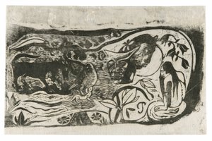 Plaat met het hoofd van een gehoornde duivel, uit de Suite van late houtsneden door Paul Gauguin