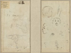 Zittende figuur en een koe; drie studies van een kinderhoofd door Paul Gauguin