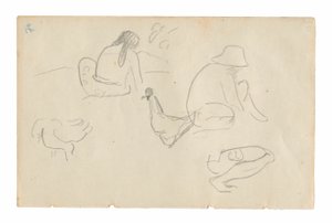 Schetsen van zittende figuren en kippen (recto), Naakte vrouwelijke torso (gerelateerd aan het schilderij Te a no areois [Het zaad van de Areoi]) (verso), uit het Carnet de Tahiti (Tahitiaans schetsboek)