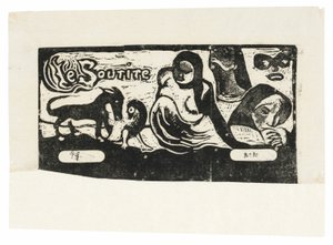 Drie mensen, een masker, een vos en een vogel, kopstuk voor Le sourire door Paul Gauguin