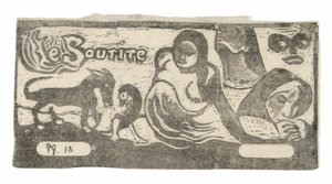 Drie mensen, een masker, een vos en een vogel, kopstuk voor Le sourire door Paul Gauguin