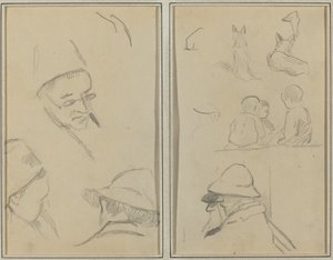 Drie studies van mannenhoofden, een met bril; honden, kinderen en twee bebaarde mannen in profiel [verso] door Paul Gauguin