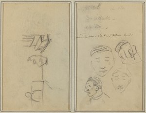 Twee Figuren en een Bank; Drie Studies van Mannenhoofden en Een van een Hand