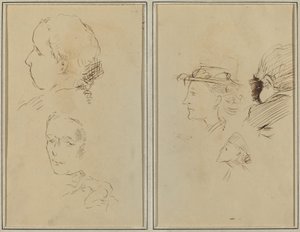 Twee Hoofdstudies en een Hurkende Naakte Vrouw; Twee Vrouwenhoofden en een Hoofd van een Kind door Paul Gauguin