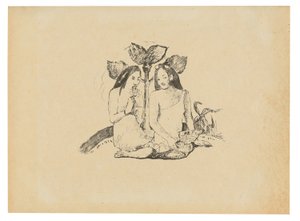 Twee Maori-vrouwen gehurkt door Paul Gauguin