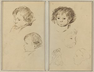 Twee Studies van een Kinderhoofd; Twee Studies van een Kinderhoofd, een Vrouw in Profiel, en een Man die een Dier Worstelt door Paul Gauguin