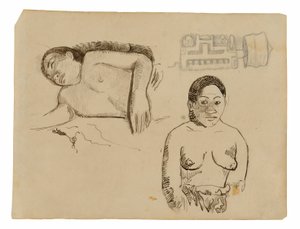 Twee Tahitiaanse vrouwen en een Markiezenoordopje door Paul Gauguin